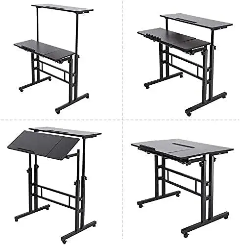 

Mobile Standing Desk, Height Adjustable Stand Up Desk, Computer Desk with Tilting Surface and 4 Rolling Wheels for Home Office,