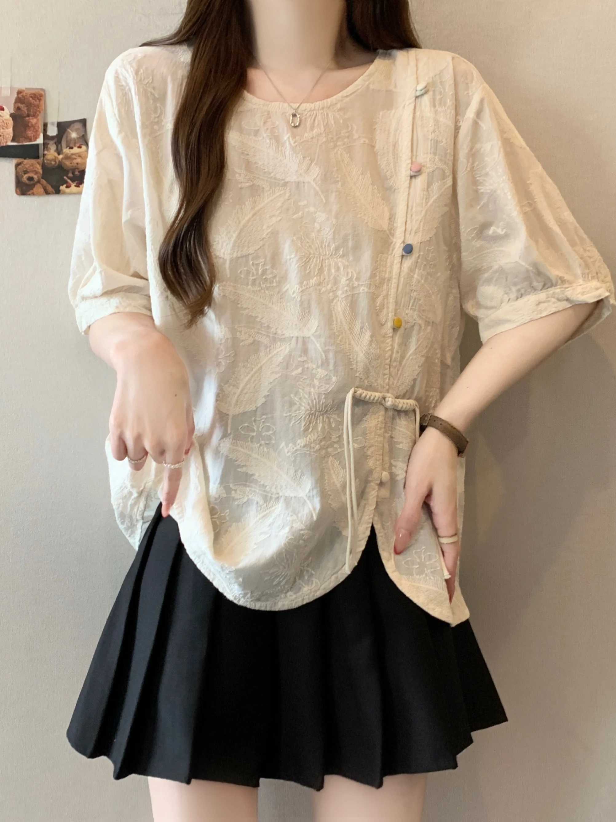 

Loose Fit Summer Short Sleeve Embroidered Shirt for plus Size Women Traditional Chinese Style Button up Casual Top