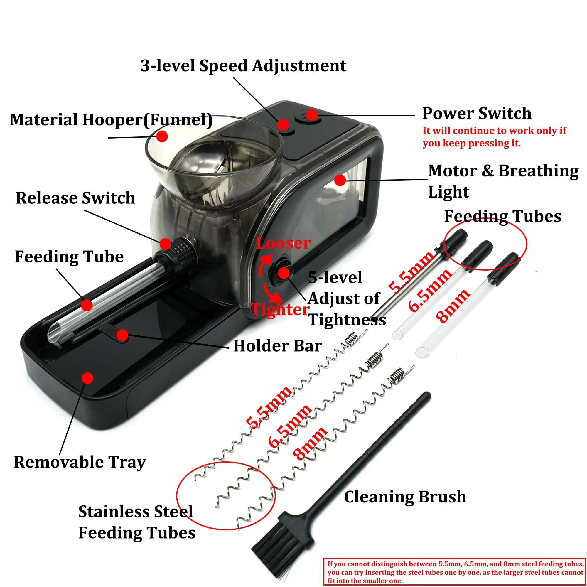 5.5/6.5/8mm Electric Cigarette Rolling Machine Transparent Luminous Injector Tobacco Filling Auto Cigarette Maker Smoking Toos