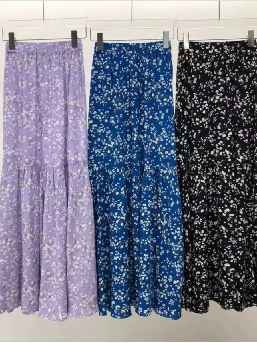 High Waist Floral Chiffon Pleated Long Skirt Women's Loose A-Line Midi Skirt Meat Concealing Slimming Summer Korean Style