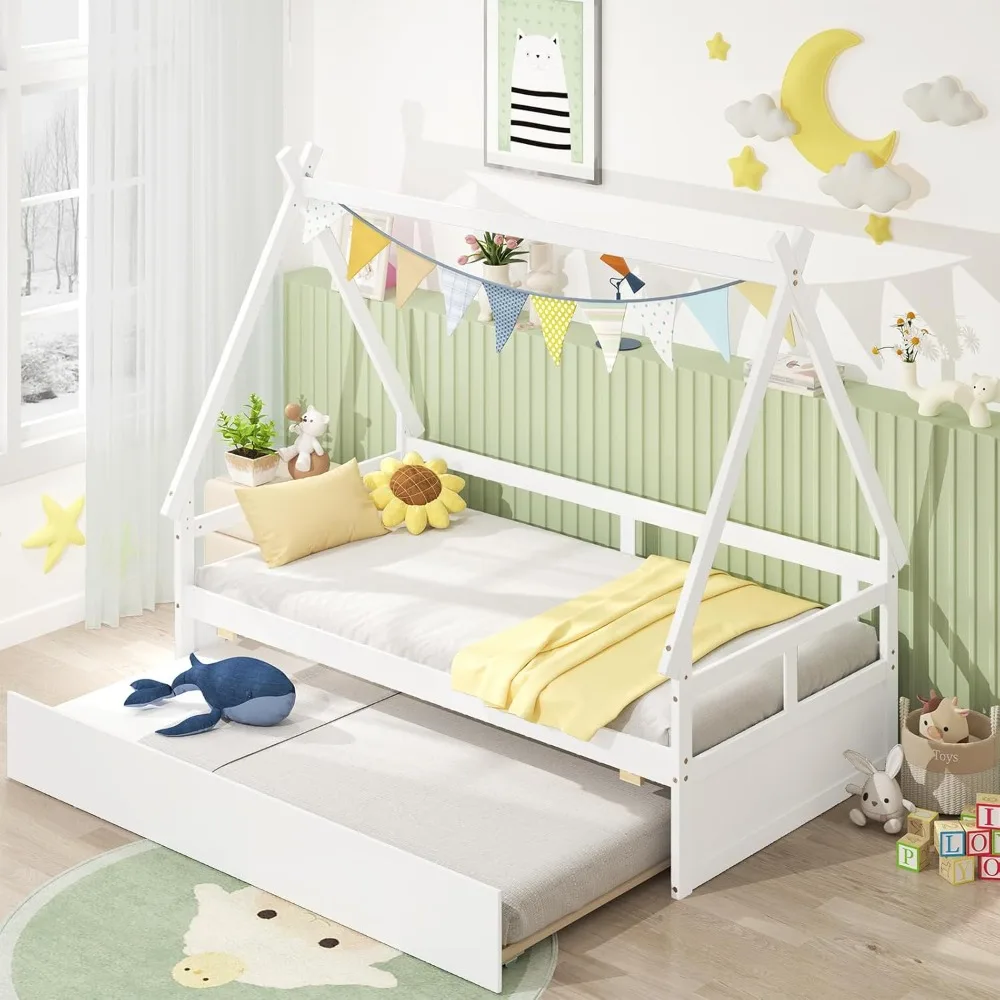 سرير منزلي خشبي مزدوج الحجم مع دولاب، سرير نهاري للأطفال بإطار من الخشب الصلب، سقف، درابزين أمان ودعم شريحة خشبية، P