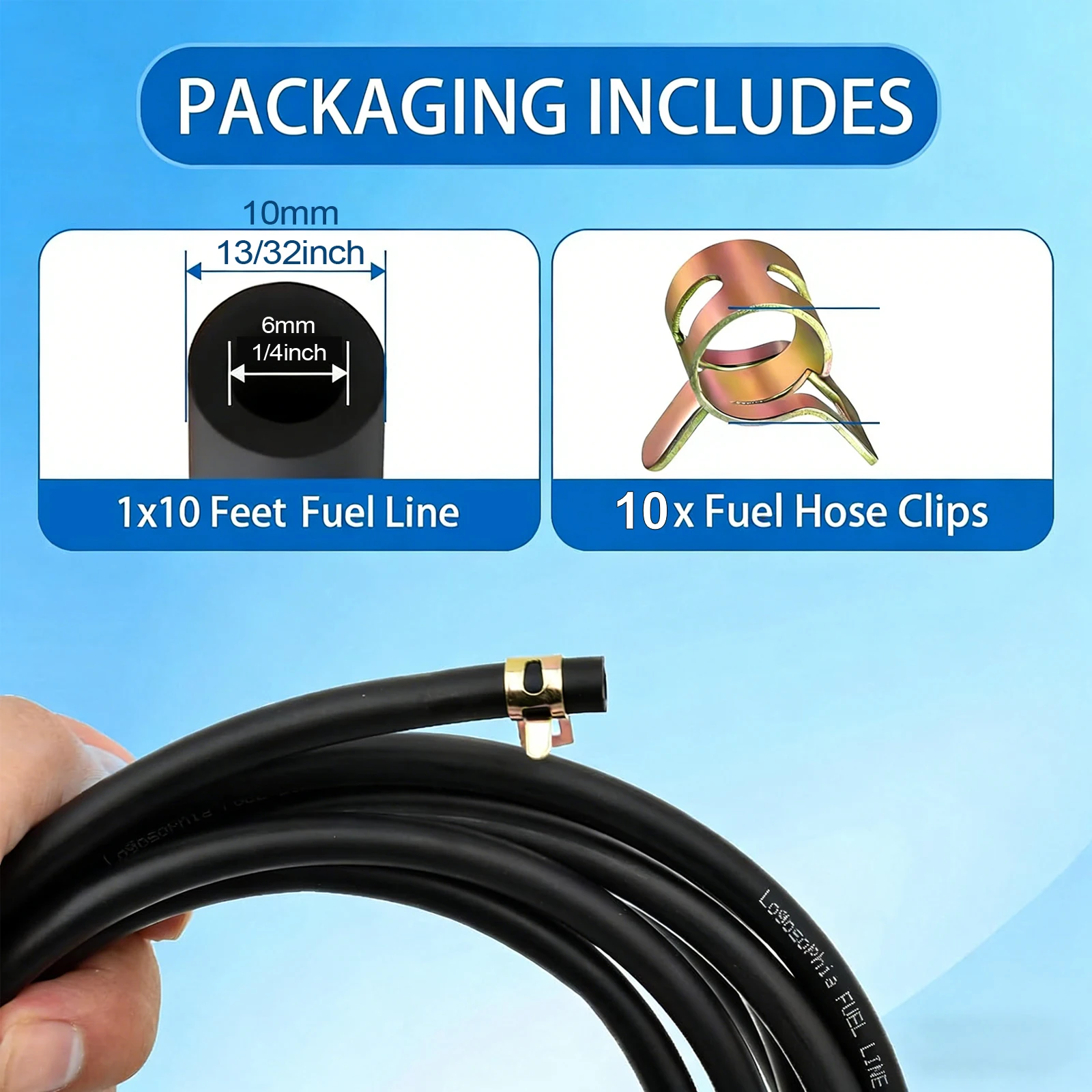 TSES 3m-6mm*10mm Fuel Line Hose with Clamp Rubber Hose for Kawasaki Kohler Briggs & Stratton Small Gas Diesel Powersports Engine