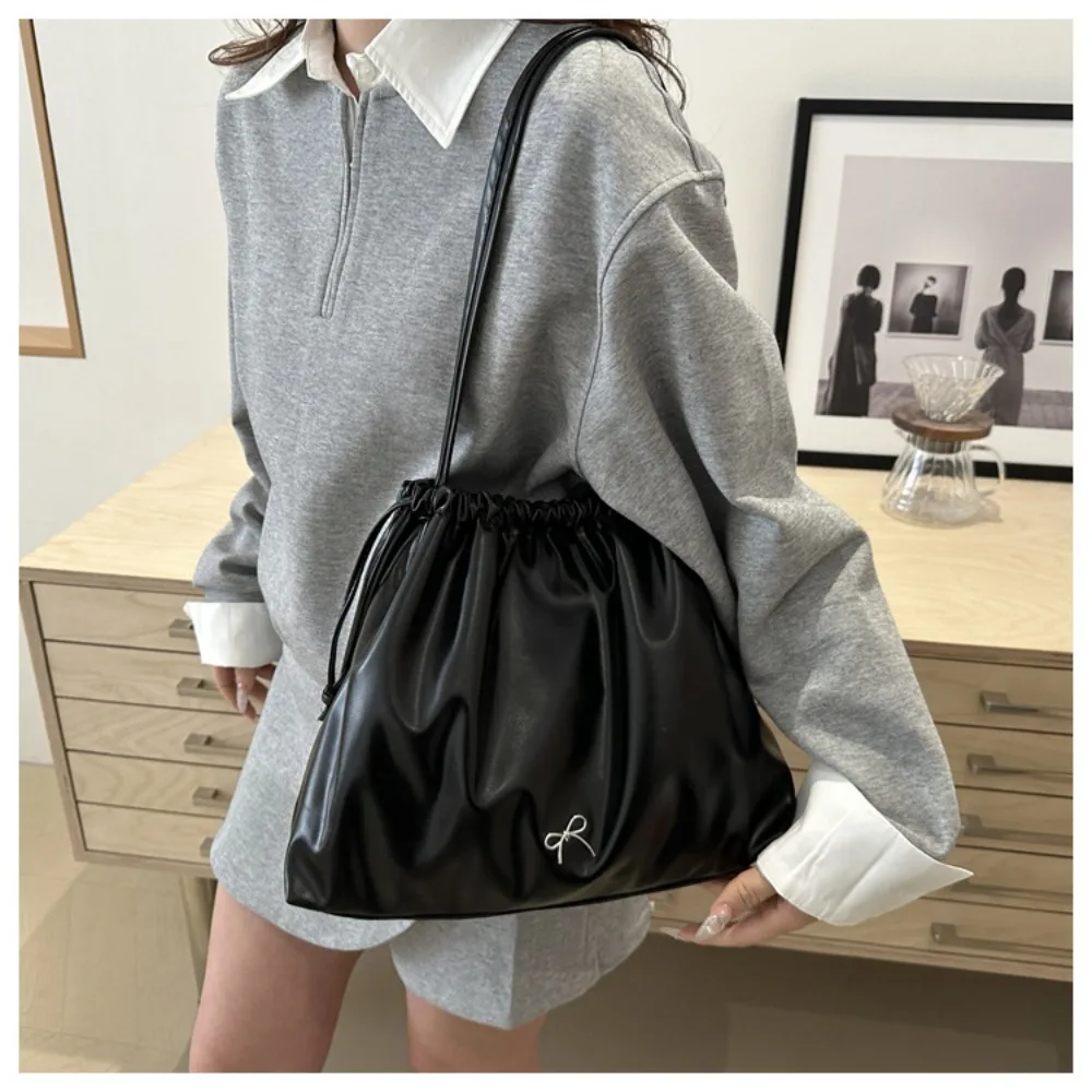 Versatile Pleated Bucket Bag Large Capacity Multifunctional Drawstring Bag Solid Color Tote Bag Women