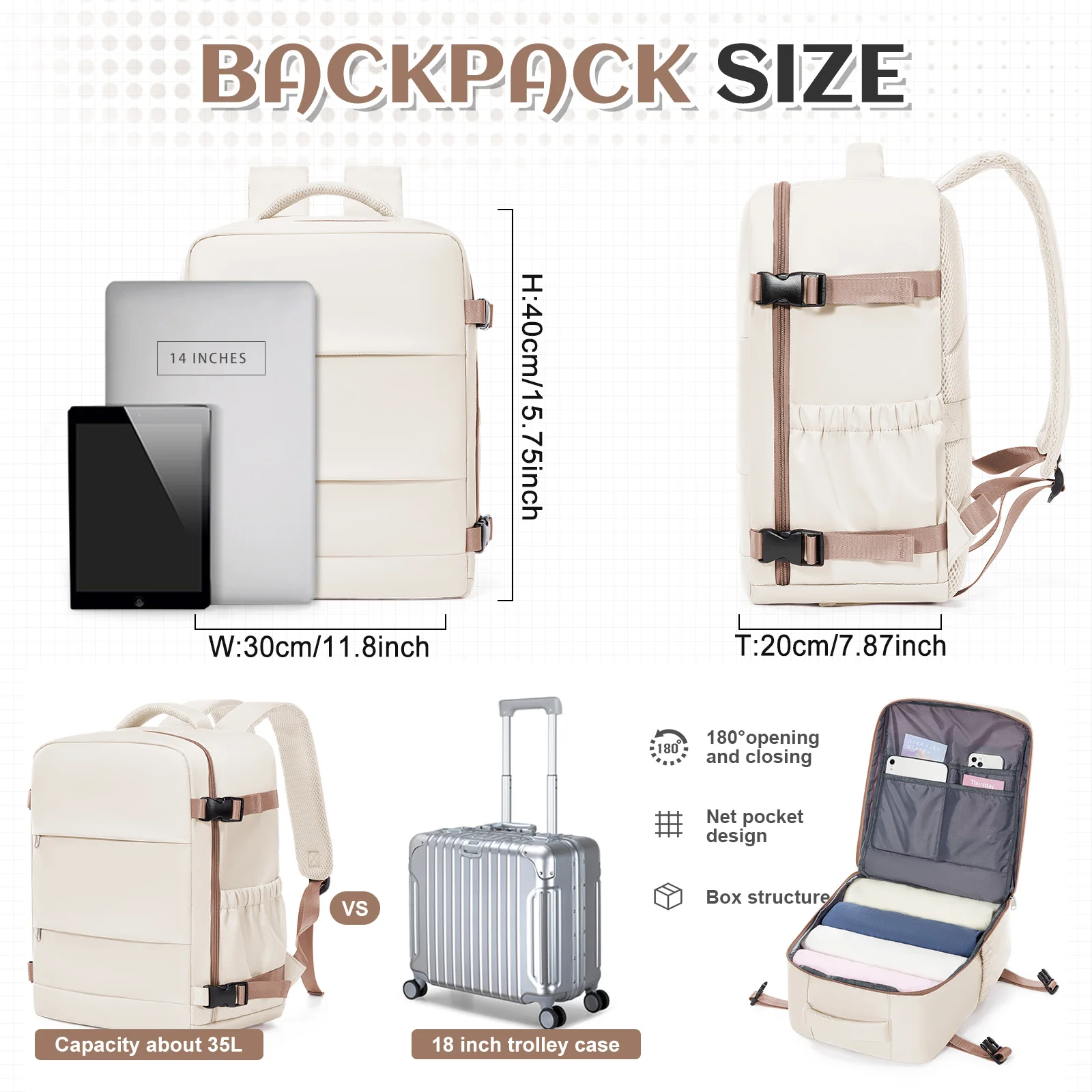 حقيبة ظهر للسفر من Wizzair Ryanair مقاس 40 × 30 × 20، حقيبة أمتعة بمقصورة تحت المقعد، حقيبة ظهر للكمبيوتر المحمول للنساء والرجال، كابينة ماكس 40 × 30 × 20