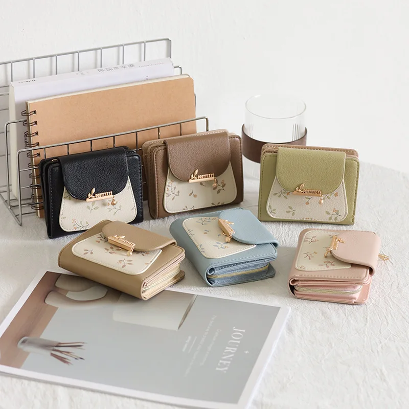 PU leather short small wallet, color-blocking printed buckle folding zipper student coin purse, square portable wallet
