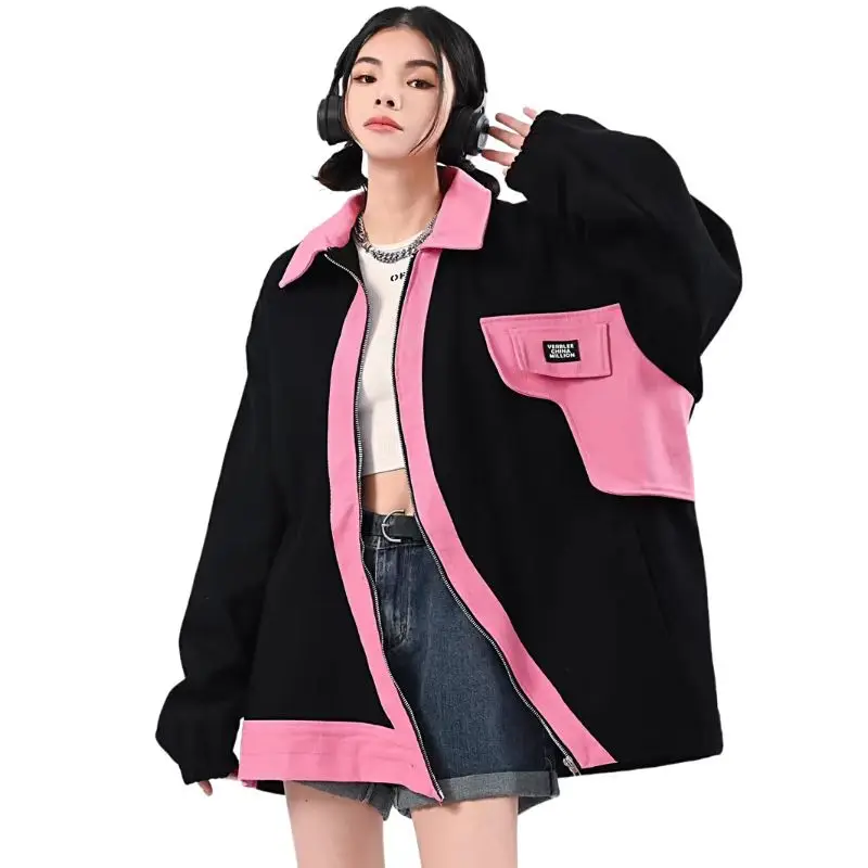 

Women's Casual Zipper Jacket, Loose Patchwork Outerwear, Female Clothing Tops, Autumn and Winter Streetwear, New Fashion, 2023