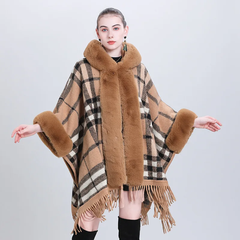 Luxurious Fashion Faux Fur Trim Winter Coat Wool Collar Hooded Tassel Cape Knitted Cloak Raglan Sleeve Oversize Cardigan Jacket