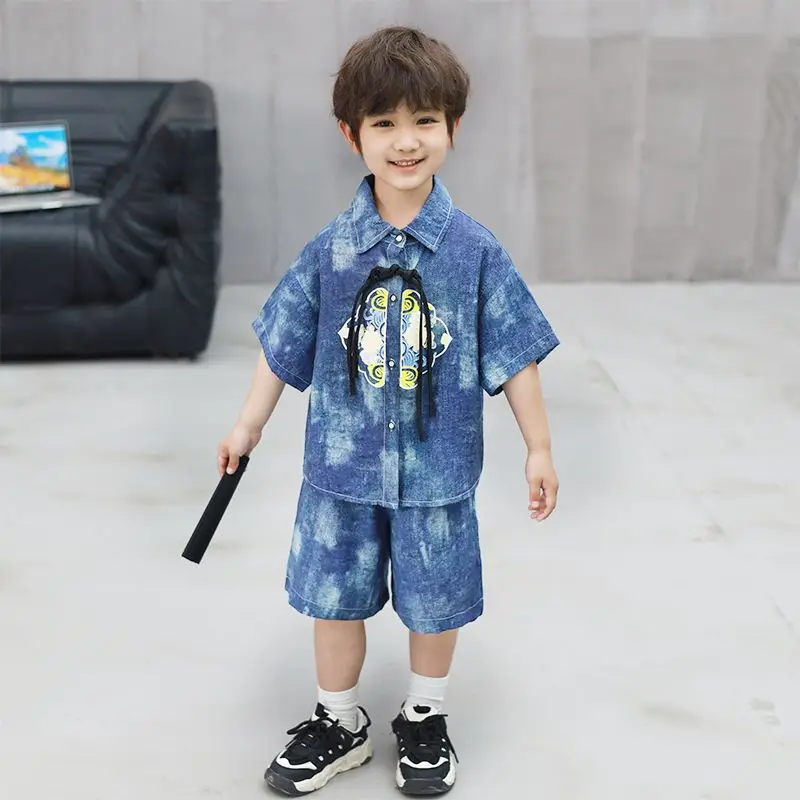 

Boys' Sets Chinese Han Suits Summer 2024 New Handsome Bandhnu Children's Thin Soft Jeans Short Sleeve Shirts Two-piece Suits