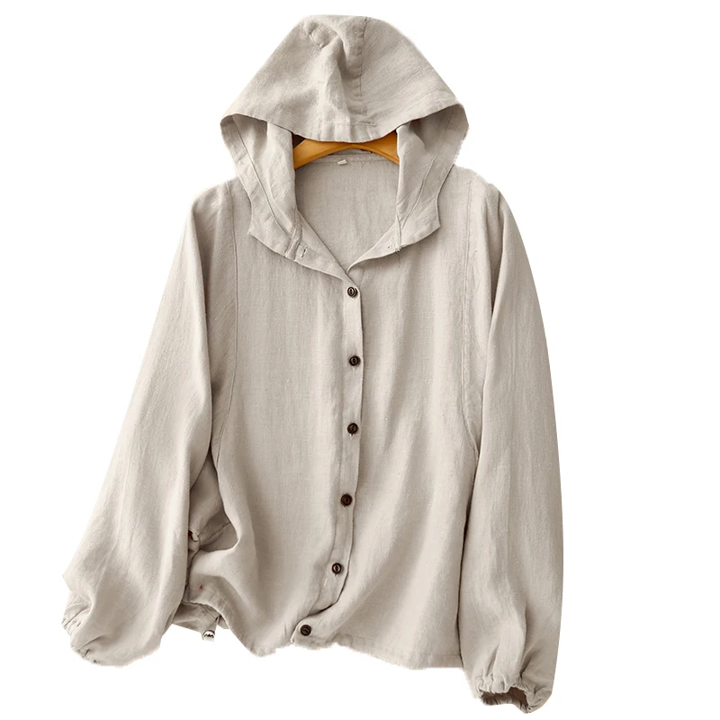 Primavera verão algodão linho com capuz irt batwing sve longo sve único botão cor pura versátil outerwear commute sle