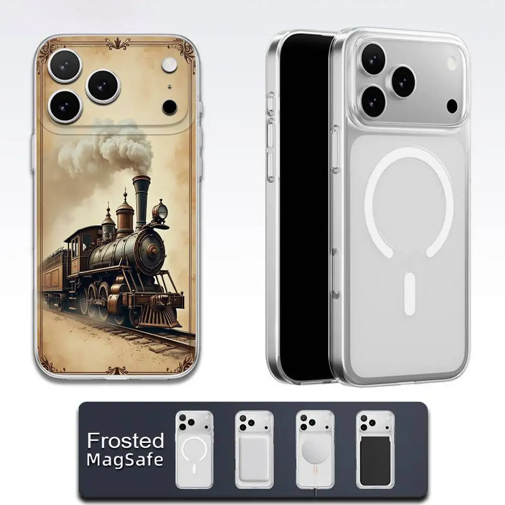 حافظة هاتف كلاسيكية للسكك الحديدية على البخار لهواتف iPhone 17,16,15,14,13,12,11,Pro,Max,Plus,E,Air,Mini Magsafe شفافة بلوري