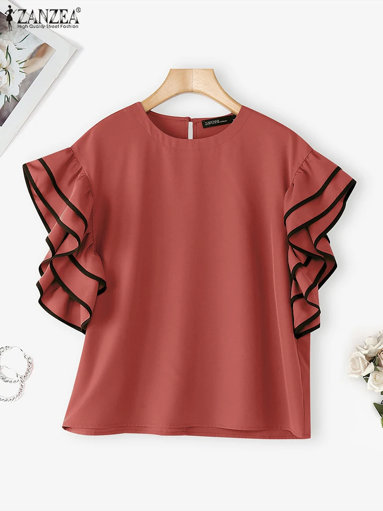 بلوزة نسائية أنيقة من ZANZEA لعام 2025 قمصان مكشكشة بأكمام قصيرة ورقبة دائرية ملابس علوية صيفية فضفاضة غير رسمية بلوزات مكتب تونك #4