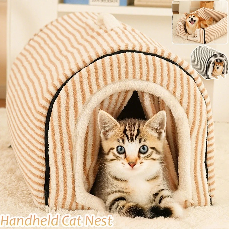 

Warm Cat House with Door Curtain Windproof Thicken Warm Pet Sleeping Bed with Handle Outdoor Portable Cat Tent Camas Para Perros