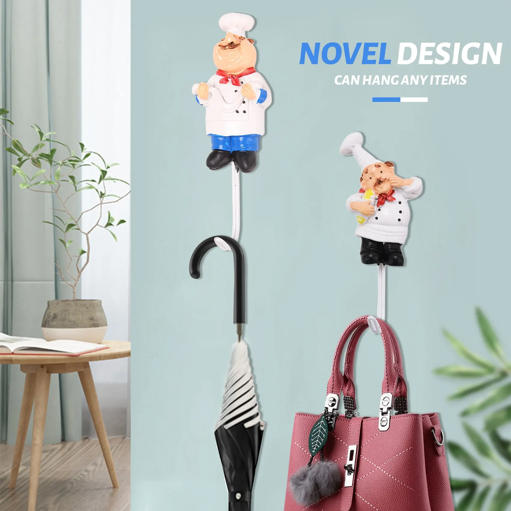A84X-Pack Of 4 Resin French Chef Figurine Wall Hooks Decorative Cook Wall Mount Rack Hook Hanger(Assorted Style)