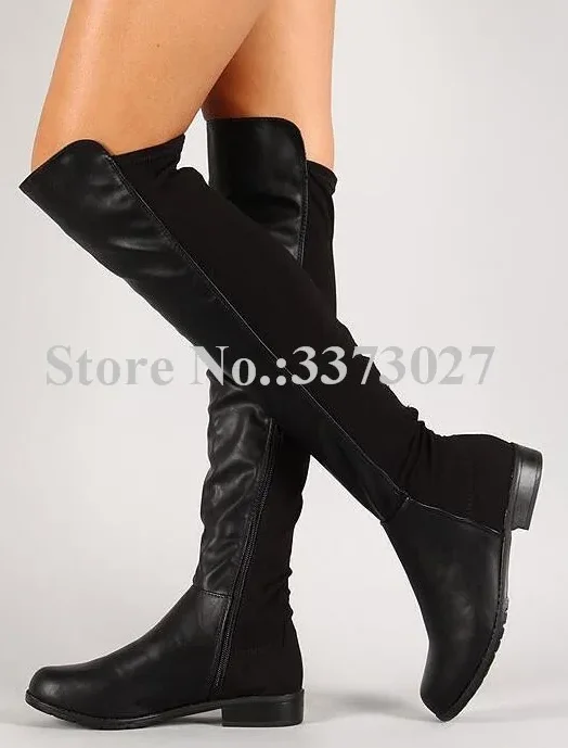 

Patchwork Woman Flat Long Boots Fashion Black Leather Suede Lady Knee High Boots New Large Size Casual Knight Boots