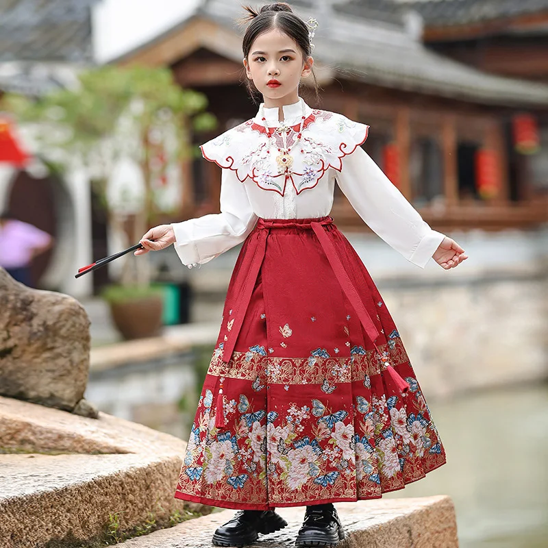 Trajes Tradicionais Chineses para Mulheres, Conjunto de Vestido Hanfu Tecido, Saia de Cara de Cavalo Menina, Roupas de Dança