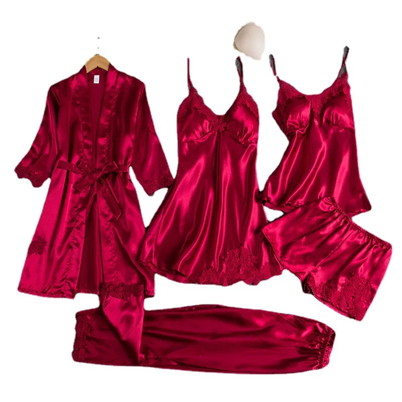 Wholesale Sexy 5 Pieces Silk Satin Sleep Sets Women Lace Bathrobe Satin Robe Pajamas Set