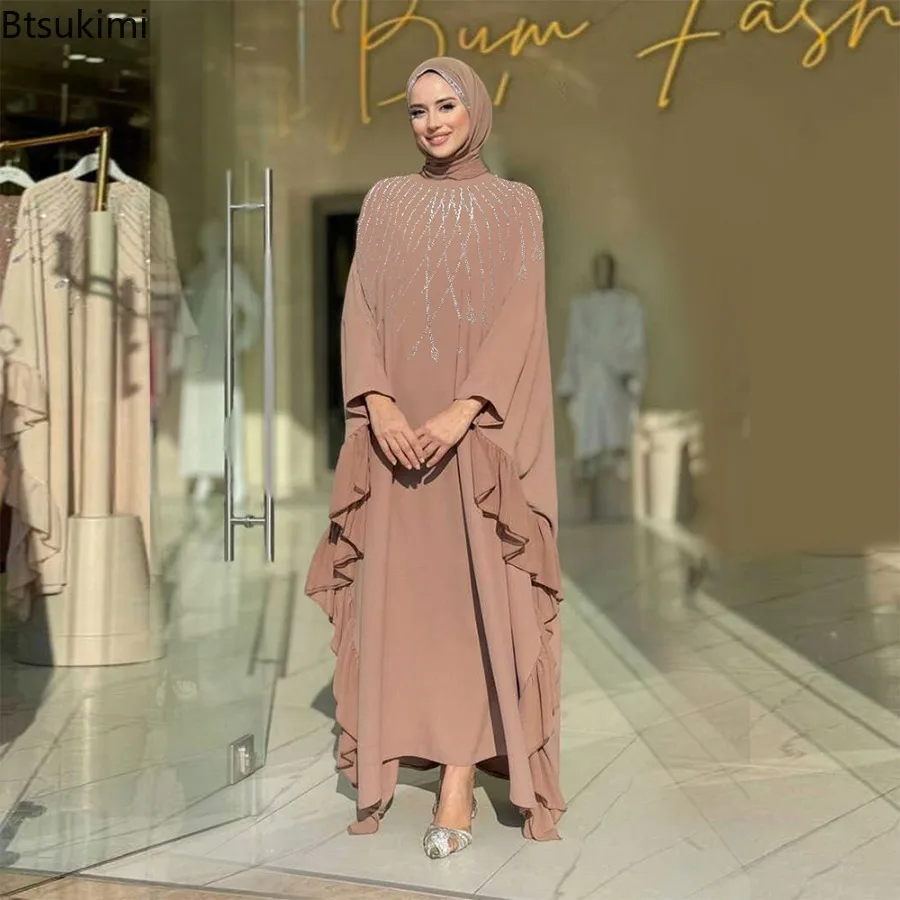Middle East Muslim Fashion Abayas Women's Elegant Maxi Dresses Daily Casual Luxury Diamond Studded Women Kaftan Dress Dubai Robe 3