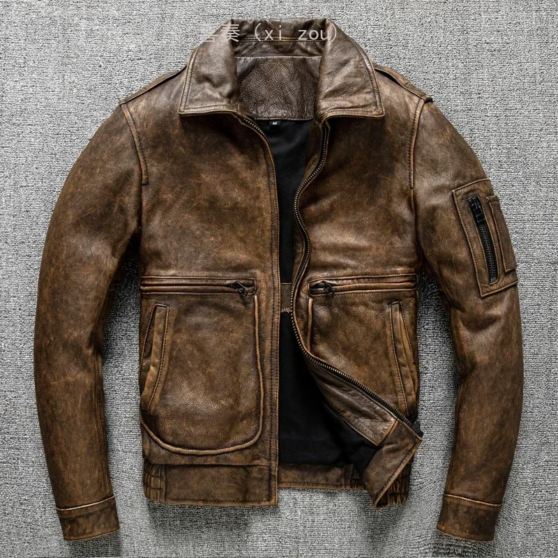 2025 models, high-quality new technology retro leather leather jacket men's short models make old locomotive clothing