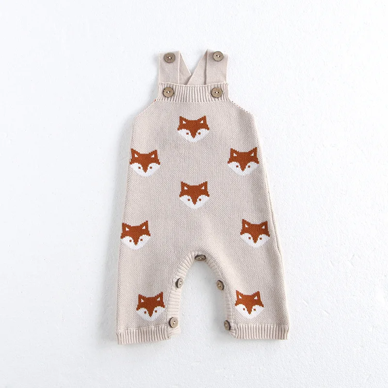 

MiniAinis Autumn Winter New Baby Knitted Cotton Overalls Girls Fox Pattern Jumpsuit Boys Knit Sleeveledd Romper Newborn Clothes