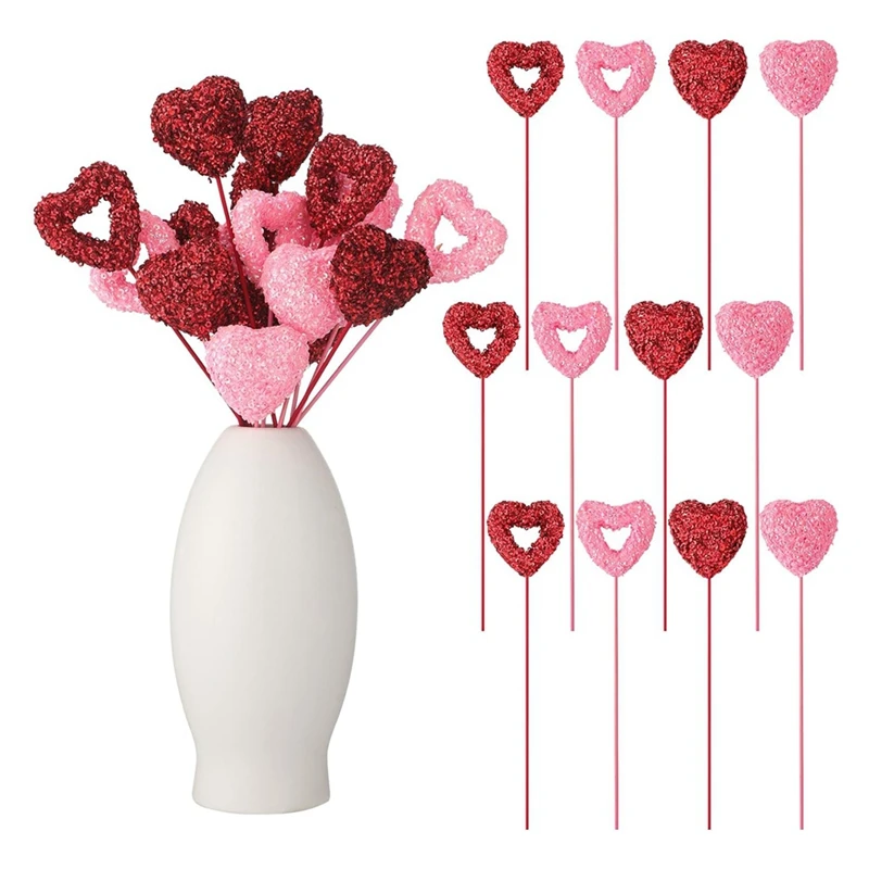 

Valentine's Day Puffy Sparkly Foam Hearts Stems Valentines Floral Picks Red&Pink 36Piece