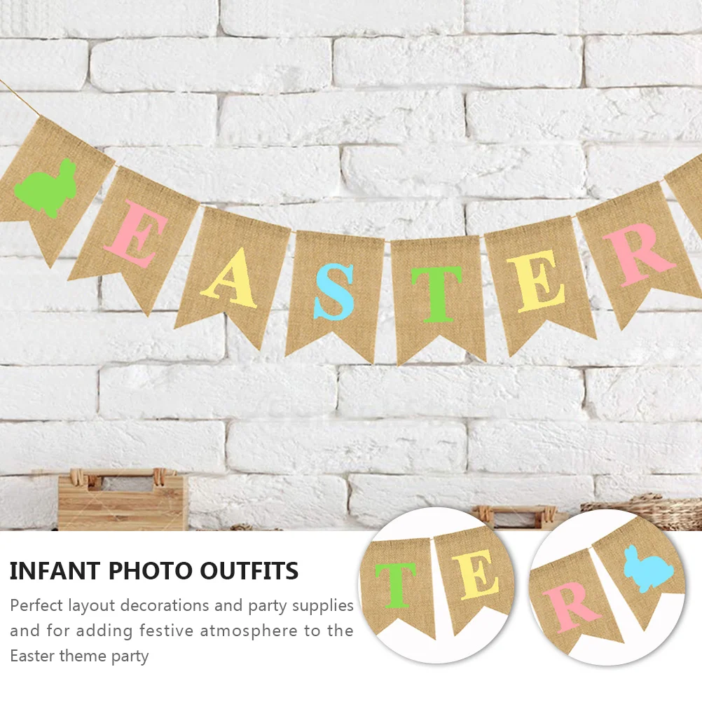 

2Pcs Easter Party Supplies Linen Banner Colorful Rabbit Carrot Pattern Decorative Bunting Flags Garlands Easter Banner