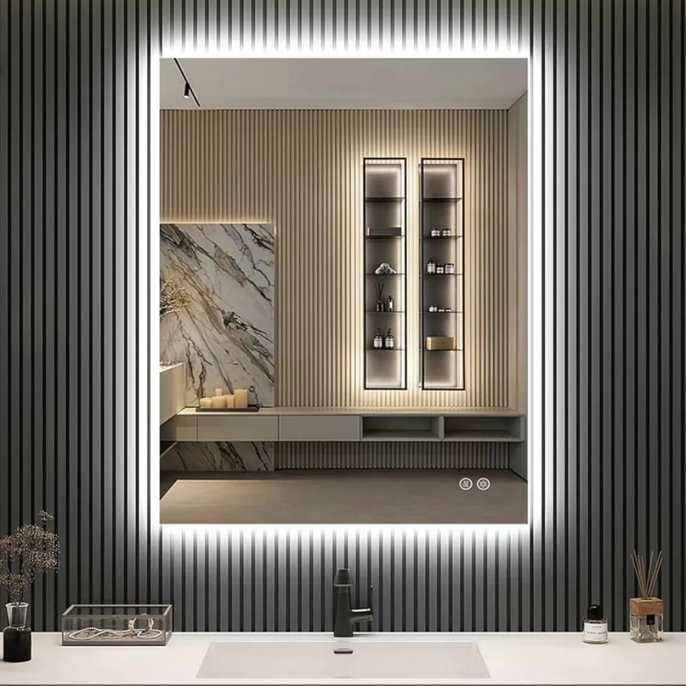 

Зеркало с подсветкой 36x28 дюймов, зеркало с подсветкой для ванной комнаты, противотуманное, регулируемая яркость, настенное регулируемое зеркало с регулируемой яркостью =