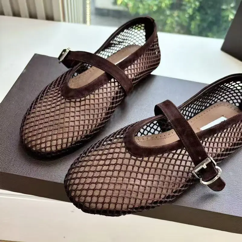 Mesh Buckle Strap Ballet Shoes For Women, High Version, Summer Retro Hollowed Out Fishing Net, Mary Jane Single Shoes, Flat Shoe