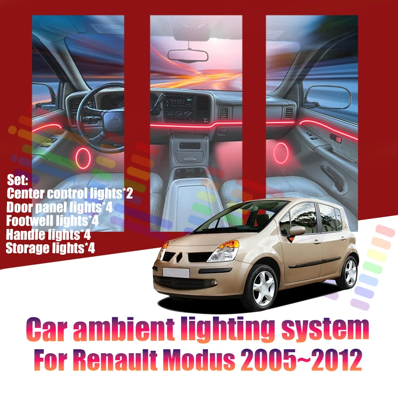 Luces LED Ambientales para Renault Modus 2005~2012, Luces de Atmósfera Coloridas, Tira de Neón Interior para Auto, Iluminación RGB de 64 Colores, Accesorios para Auto