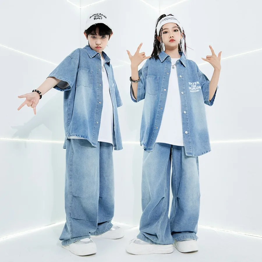 Детская танцевальная одежда в стиле хип-хоп — комплект джинсовой куртки и джинсов, уличная одежда для джаза для мальчиков и девочек, костюм для выступлений для шоу-вечеринки 4–18 лет