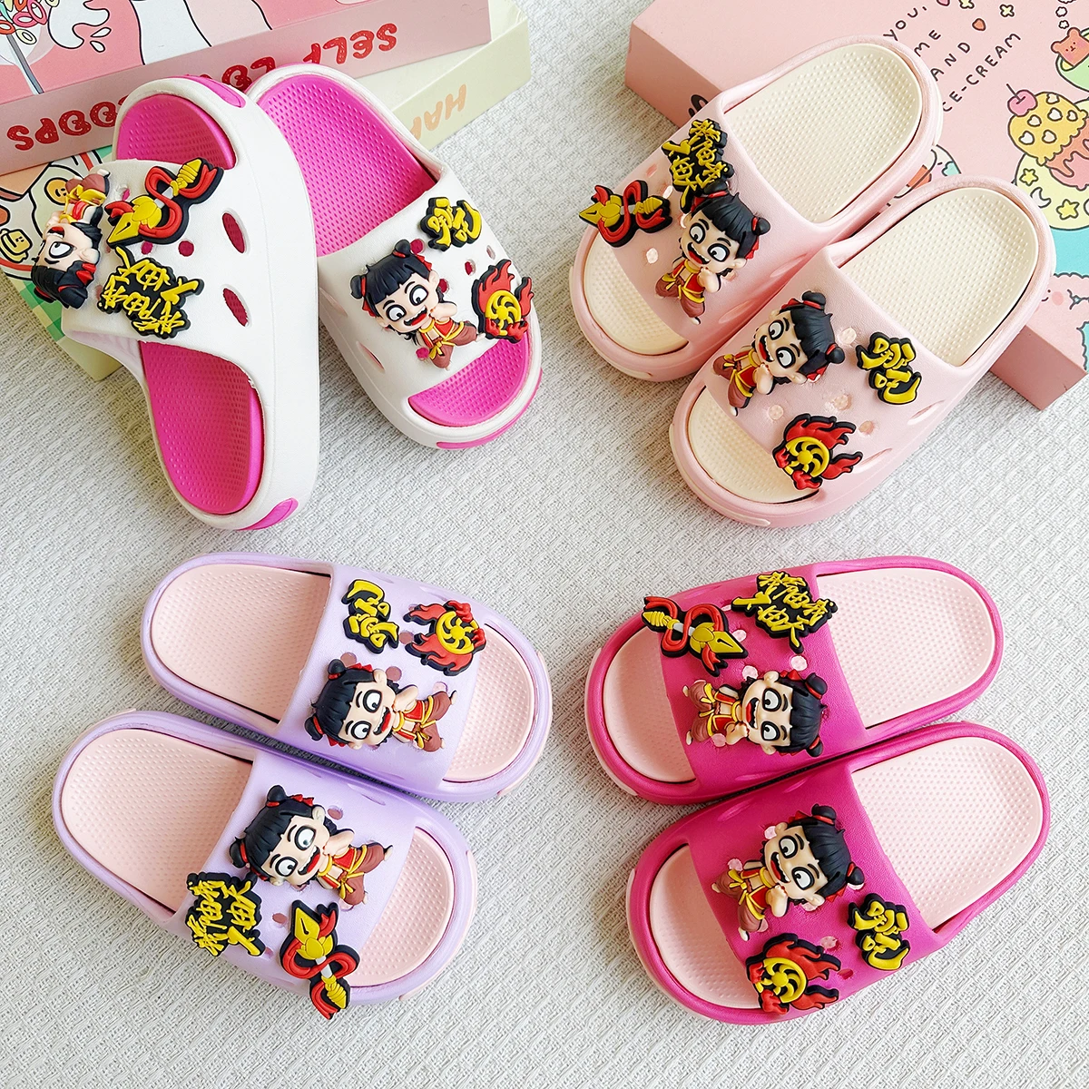 New Popular Cartoon Dual Nezha Versatile Girls' Eva Slippers Fashionable Dual-Color Soft-Soled Non-Slip Sandals 831