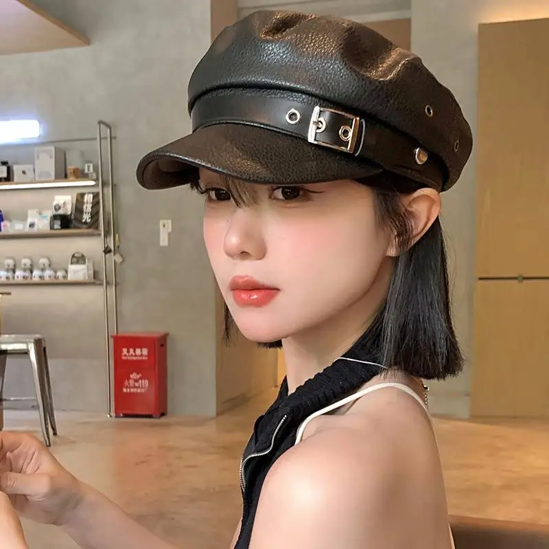 

Fashion Women's PU Leather Beret Hat Vintage England Flat Top Newsboy Caps Outdoor Casual Visors Black Artist Painter Hat