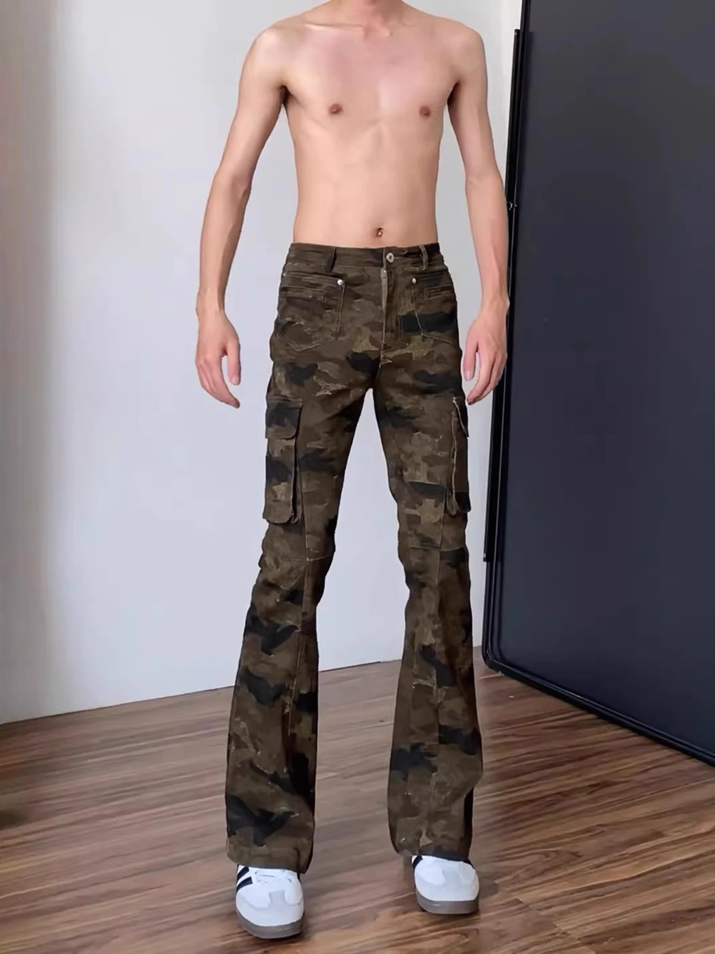 

American Vibe Sle Men's Slim Fit Camouflage Workwear Jeans High Street Wide Leg Knife Bootcut Denim Pants Autumn Wear