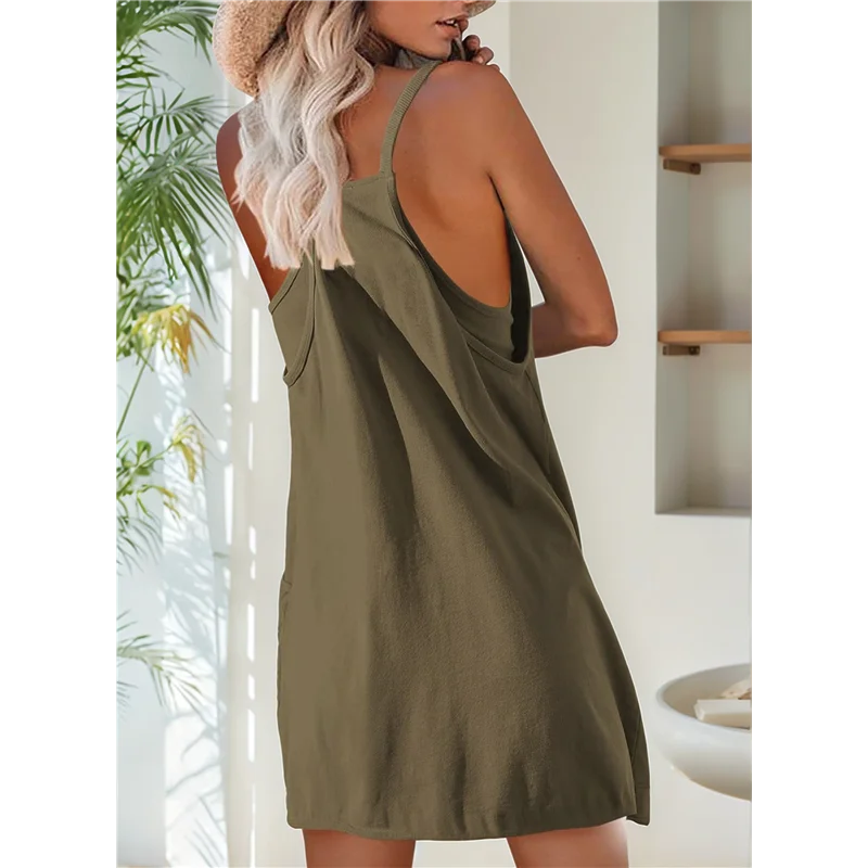 

Womens Workout Romper Dress With Shorts Underneath Sleeveless Spaghetti Straps Athletic Outfits
