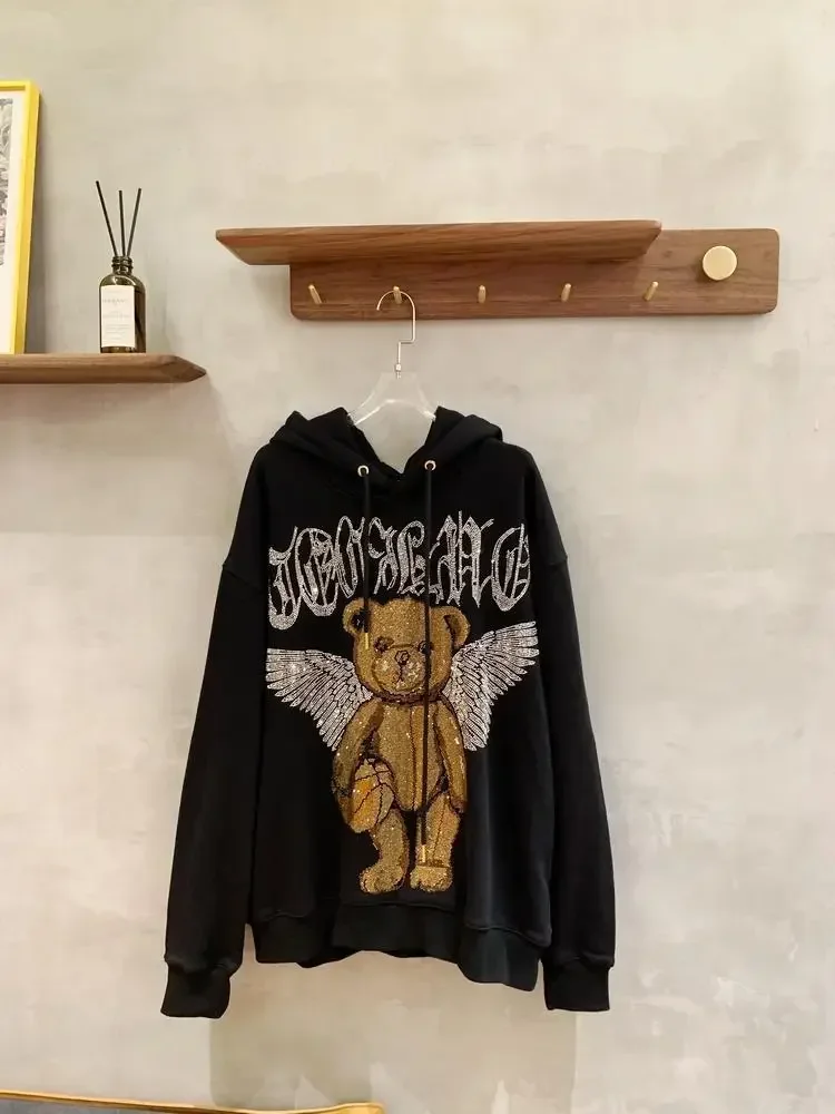 2022 Autumn Winter New Bear Rhinestone Loose Street Tide Brand Sweatshirts Women Fashion Oversized Pullover Black Hoodie Coat