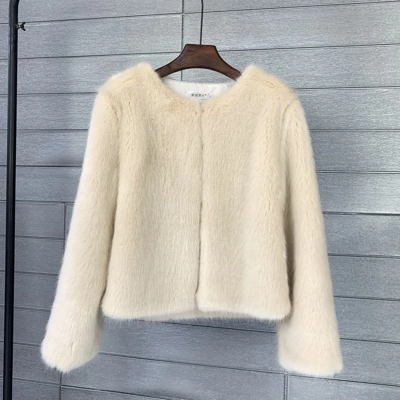 Women Faux Fur Short Coats Jackets Coat Thick Warm Y2k Streetwear Jacket Round Neck Elegant Work Outerwear Autumn Winter