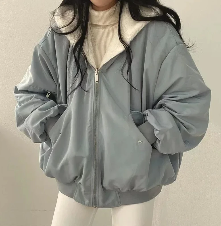 

Зимние утепленные женские куртки, повседневные свободные теплые флисовые двухслойные простые плюшевые пальто с капюшоном на молнии