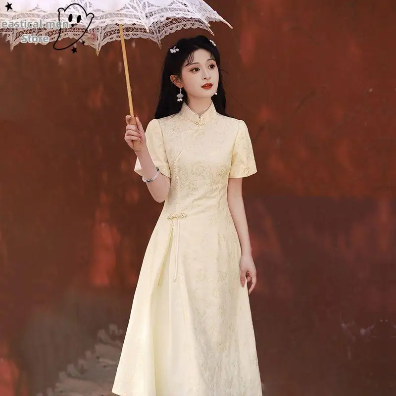 Light Green Cheongsam New Chinese Style Dresses Women Elegant Flower Print Vestidos Traditional Mandarin Collar Qipao Lady Dress