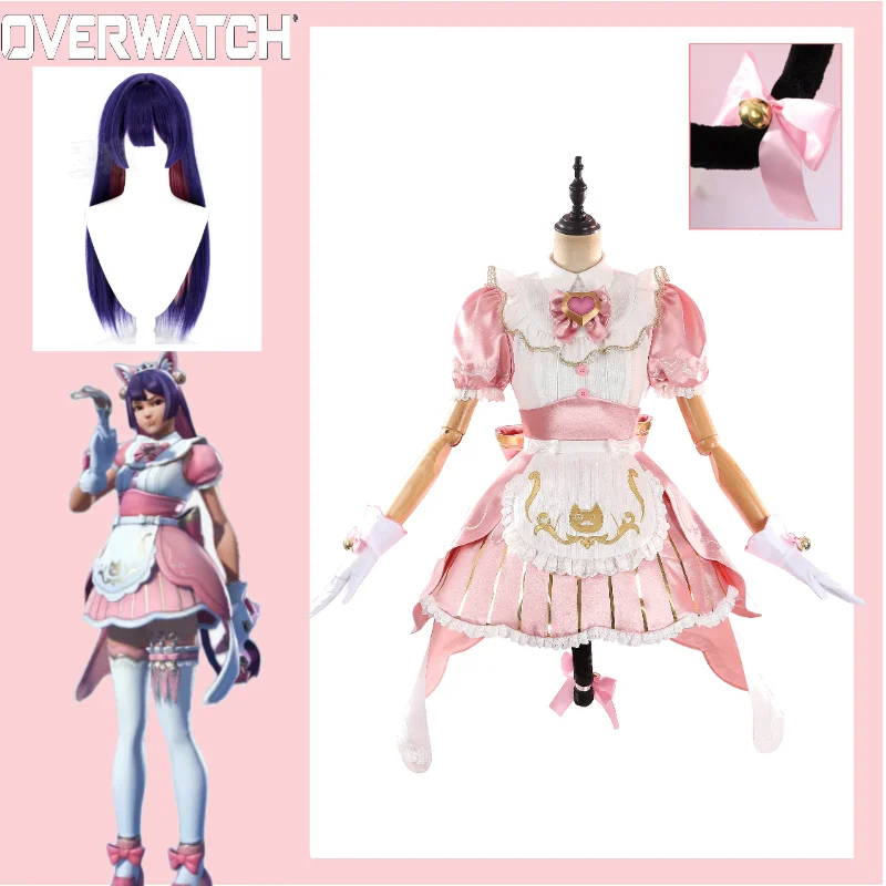 OW Kiriko Cosplay Costume Full Set Kiriko Pink Lolita Maid Outfit Cat Ear Hair Accessories Props and Wig for Halloween Comic Con
