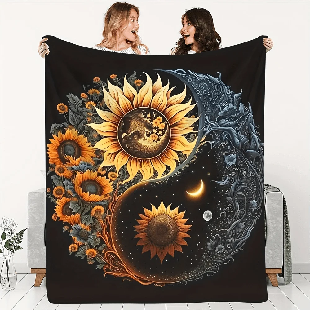 Spiritual Boho Yin Yang Sunflowers Cosmic Celestial Throw Blanket Tapestry Nap Fleece Cozy Decor Gift