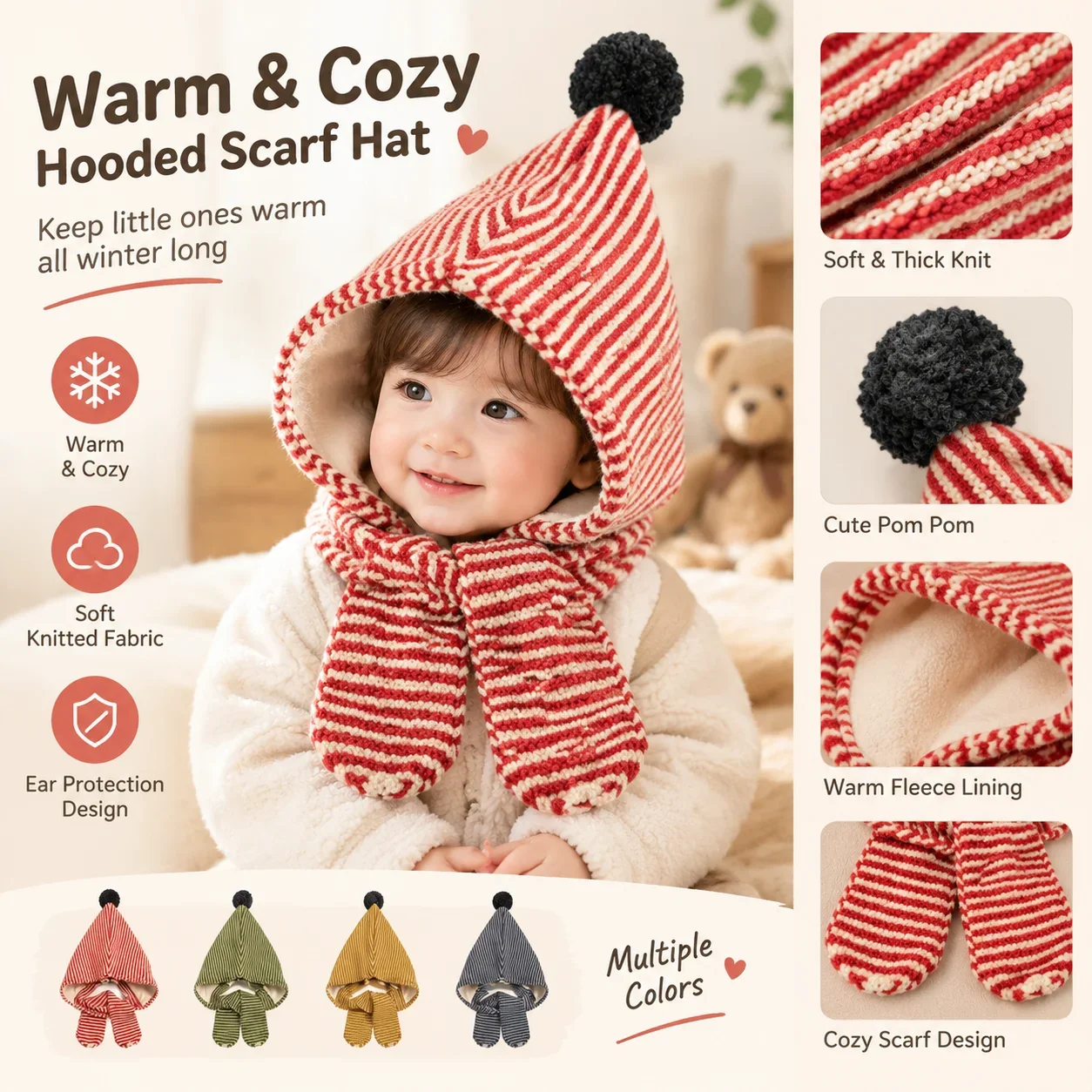 Soft Thick Warm Winter Korean Stripe Knitted One-Piece Hooded Scarf Hat Ear Protection For Baby Boys Girls Cap Cloth Accessories