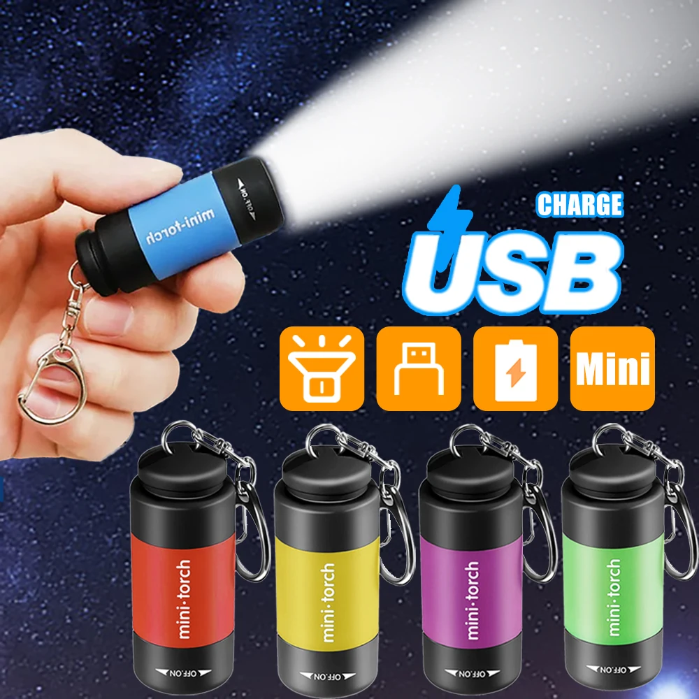 Led Mini Torch Light Powerful USB Rechargeable Waterproof Keychain Flashlight Portable Outdoor Hiking Camping Emergency Lighting