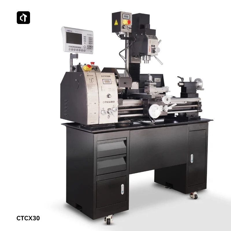Semi-Auto Metal Lathe Precision 3 in 1 Turning Drilling Milling Machine with Base Cabinet DRO Linear Scale Electronic Gearbox