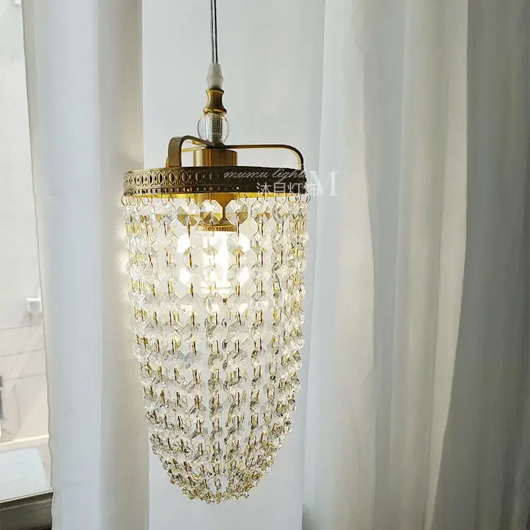French Style Full-Copper Crystal Pendant Light - Minimalist European Luxury Small Hanging Lamp, Suitable for Entryway