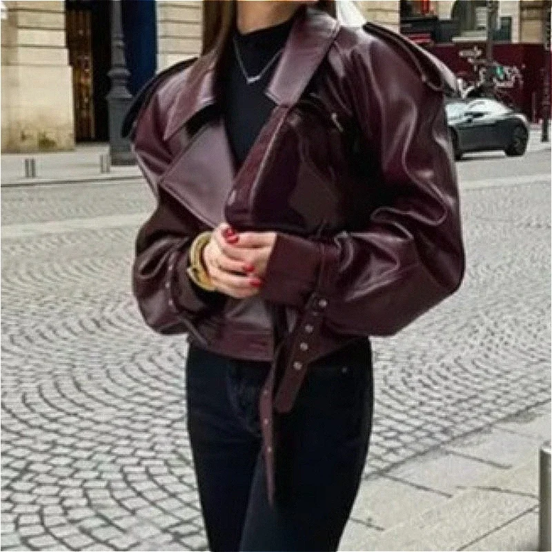 Vintage PU Leather Coat Women Fall 2025 Buttons Lapel Long Sleeve Motor Bicycle Short Jackets Cropped Retro Street Outerwear