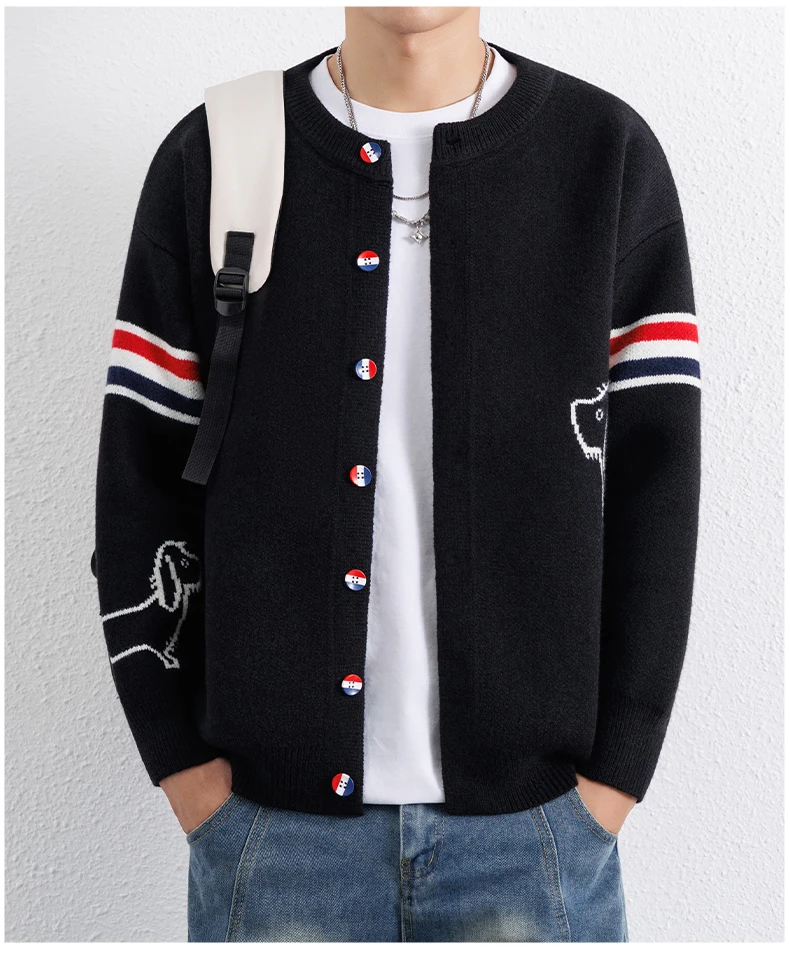 High-End-Marke Strickhemd Männer Frühjahr Herbst neue süße Hund Druck Mode farbige gestreifte Knopf Design Casual Rundhalsabdeckung Pullover Jacke – Detail 15