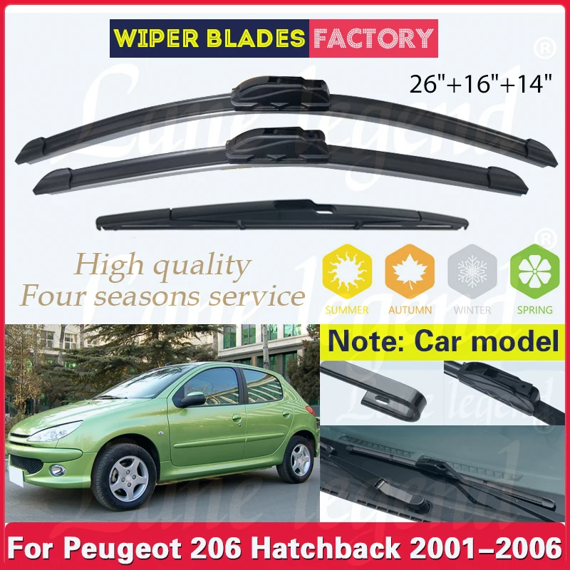 

For Peugeot 206 Hatchback 2001 - 2006 Car Front Rear Wiper Blades Rubber Windscreen Wipers Auto Windshield Rain Brush 26"16"14"