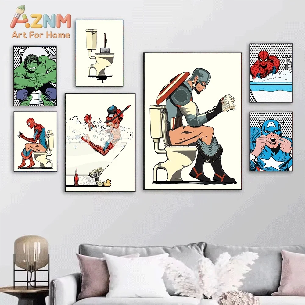 Funny Bathroom Theme Marvel Superhero Canvas Wall Print, Humorous Hero Bath & Toilet Time Illustration Poster, Unframed Canvas