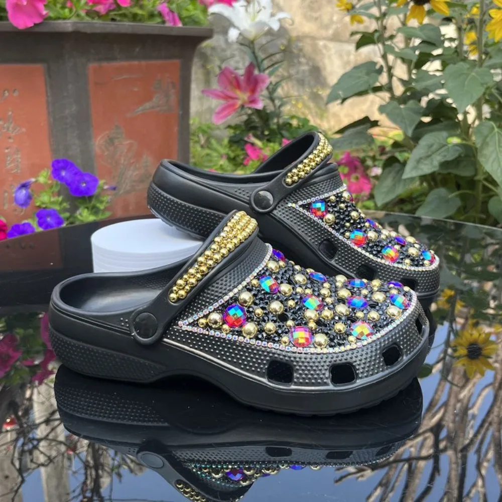 Black Simple Summer Women's Slippers Handmade Diamond-encrusted New EVA Hole Shoes Women's Beach Slippers Gold Pearl Rhinestone