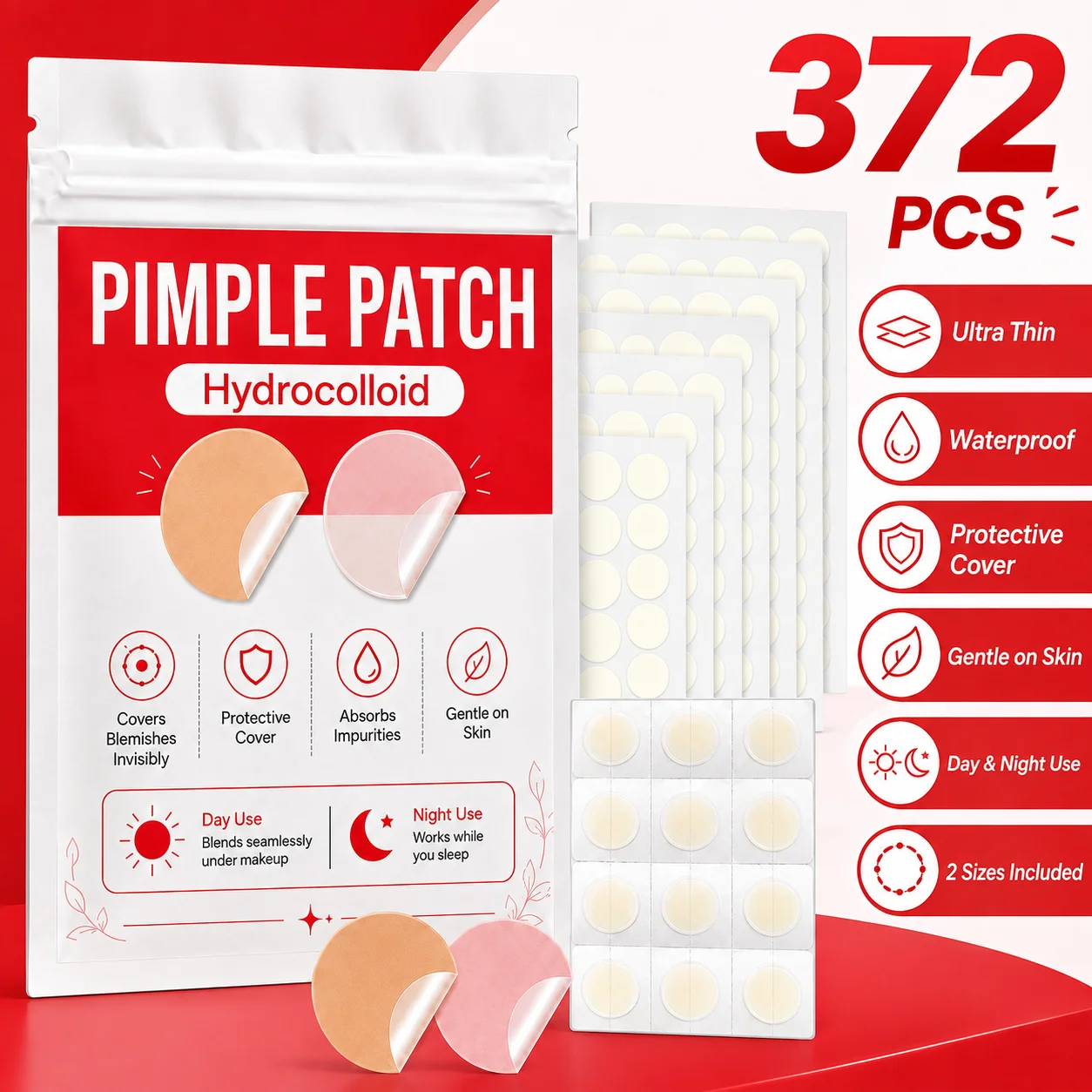 372Pcs Hydrocolloid Facial Patches, Yellow & Clear Blemish Cover Stickers, Gentle Invisible Skin Care, Day & Night Use view 2