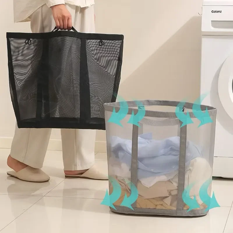 Household Mesh Solid Color Dirty Clothes Basket Foldable Semi Transparent Breathable Laundry Storage Bag Toys Sundries Pouch